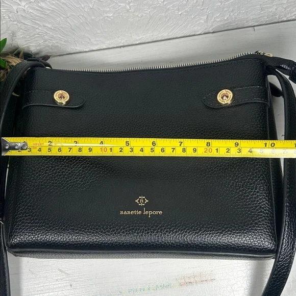 Nanette Lepore Crossbody 3 Compartment Purse Vegan Pebbled Black Leather Bag - Picture 15 of 16